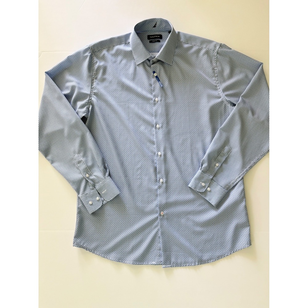 Nautica Mens Slim Fit Dress Shirt Blue White Gingham Check Long Sleeve Large